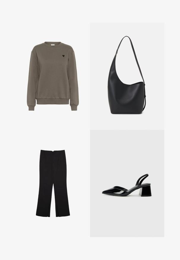 Brun bomulds sweatshirt med rund hals, ribbede ærmer og kant. Har et lille sort hjerte-logo på venstre brystområde.; Sorte bukser med lige pasform, der har frontlommer og slidser i kanten. Lavet af blødt, glat stof. Velegnet til forskellige anledninger.; Sorte patentlæder slingback hæle med spids tå og en geometrisk blok hæl. Har et elegant, minimalistisk design og en glat tekstur.; Sort læder hobo taske med en glat overflade, buet form og en enkelt justerbar rem; har en bred åbning øverst.