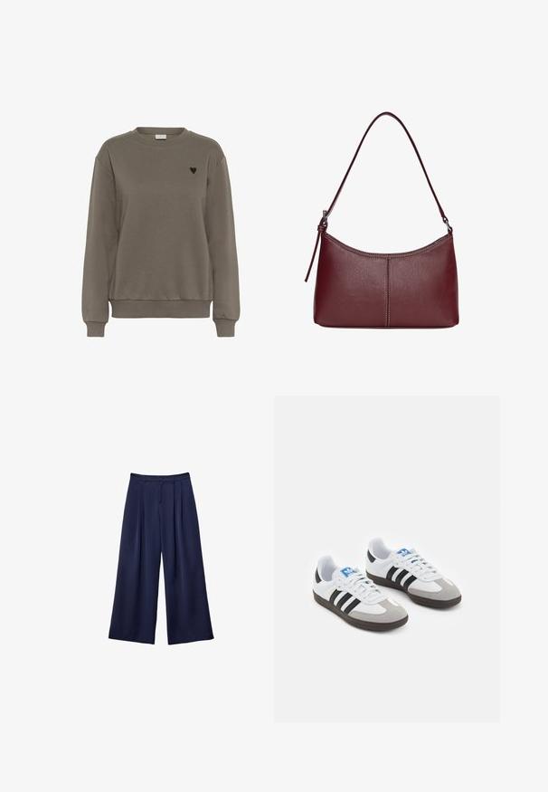 Ruskea puuvillaneule, jossa on pyöreä kaula-aukko, resorikujat ja helma. Oikeassa rinnassa pieni musta sydänlogo.; Tumma sininen leveälahkeinen housu, jossa on pleateja, napillinen vyötärö ja vyölenkit, esiteltynä litteänä valkoista taustaa vasten.; Urheilukengät, joissa on valkoinen nahkainen päällinen, harmaa mokkanokka ja kolme mustaa raitaa. Ominaisuuksina sininen logo kielekkeessä ja kuvioitu kumipohja.; Maroon-värinen nahkalaukku, jossa on kaareva muoto, yksi olkahihna ja keskellä ommeltu yksityiskohta. Sileä pinta, minimaalinen varustelu.