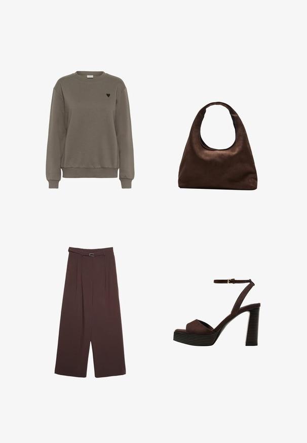 Hnědá bavlněná mikina se zaobleným výstřihem, žebrovanými manžetami a lemem. Na levé straně hrudi se nachází malé černé srdce.; Stradivarius WIDE-LEG WITH BUCKLE DETAIL - Kalhoty - dark brown; Hnědé semišové sandály na vysokém podpatku s otevřenou špičkou, nastavitelným páskem kolem kotníku a proužkovou platformou.; Měkká hnědá kabelka ve stylu hobo s jedním širokým popruhem a zakřiveným horním otvorem, vystavená na bílém pozadí.