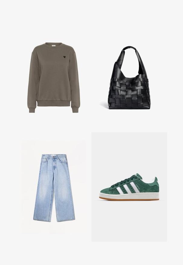 Felpa in cotone marrone con collo a giro, polsini e orlo a coste. Presenta un piccolo logo a forma di cuore nero sull'area sinistra del petto.; Bershka WIDE-LEG - Wide Leg - light-blue denim; Sneaker in suede verde con strisce in pelle bianca, suola in gomma, collarino imbottito e design minimalista. Presenta il marchio sul lato.; Borsa a spalla in pelle nera intrecciata con una forma morbida e ampio manico. Caratterizzata da un design testurizzato e intrecciato con una finitura liscia.