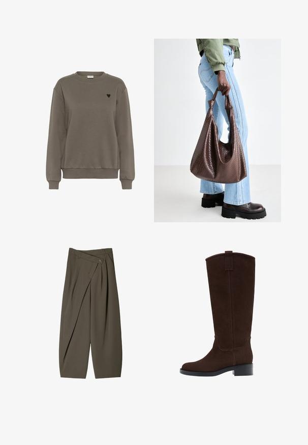 Ruskea puuvillaneule, jossa on pyöreä kaula-aukko, resorikujat ja helma. Oikeassa rinnassa pieni musta sydänlogo.; Housut, joissa on leveä malli tummanoliivinvihreässä kankaassa, pleat-edessä, napin sulkeminen ja kiiltävä, tekstuuri pinta.; Ruskohvased nahast põlvini saapad, millel on ümar varvas, diskreetne õmblus ja madal blokknokk; ülaosas on mugav tõmbevahe, mis lihtsustab nende selga panemist.; Ruskea kudottu nahkainen käsilaukku, jossa on solmittu kahva, henkilö kantaa sitä vaaleansinisten farkkujen ja mustien jykevien kenkien kanssa. Sileä, tekstuuri pinnan.
