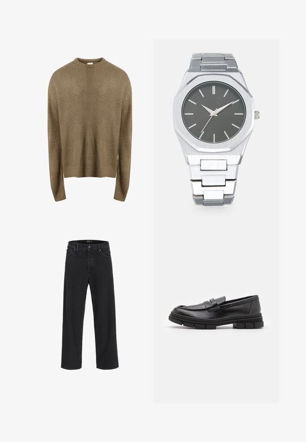 Redefined Rebel MILTON beżowy; Czarne dżinsy o prostych nogawkach z zapięciem na guziki i zamek błyskawiczny, szlufkami na pasek oraz przednimi i tylnymi kieszeniami.; Czarne skórzane mokasyny o gładkim wykończeniu, z paskiem na przodzie i masywną gumową podeszwą z rowkowaniem.; Srebrny zegarek analogowy z ośmiokątną kopertą, szarym cyferblatem, srebrnymi znacznikami godzinowymi oraz bransoletą z ogniw ze stali nierdzewnej. Minimalistyczny design o gładkiej fakturze.