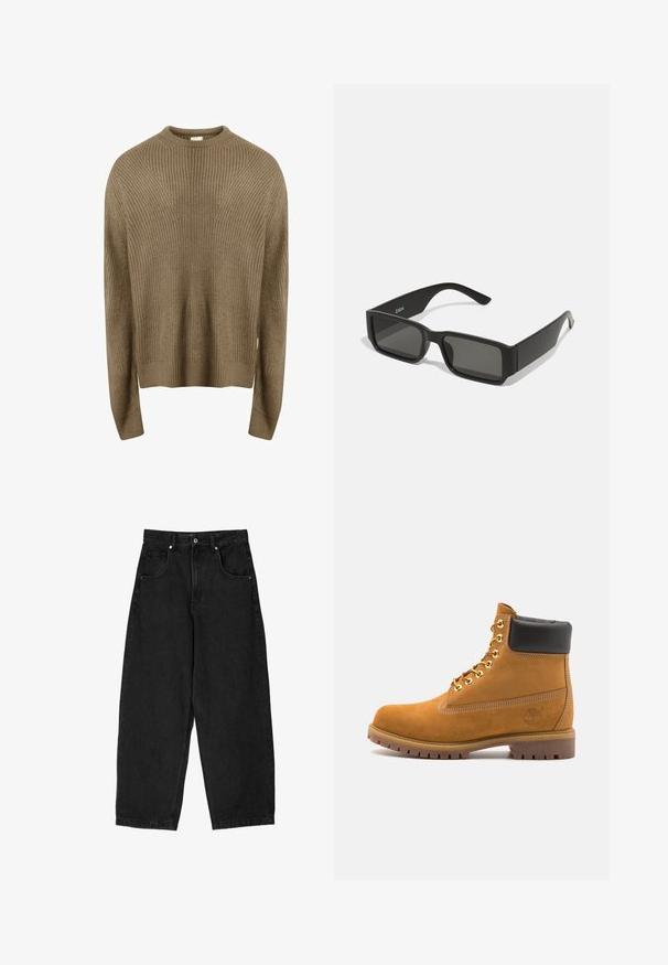 Redefined Rebel MILTON BOXY FIT - Trui - sand; Zwarte denim pijpenbroeken met een hoge taille, voorzien van vijf zakken, een ritssluiting en een metalen knoopsluiting. Zachte textuur, minimale details.; Tan suède enkelboot met zwart gevoerd kraagje, gouden metalen oogjes, witte stikdetails en een robuuste rubberen zool met uitgesproken profiel.; Zwarte zonnebril met rechthoekige lenzen, matte plastic montuur en rechte randen. Bevat het merkteken op de binnenarm.