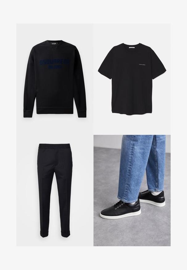 Black sweatshirt featuring a crew neckline and long sleeves. Front displays the raised graphic "DSQUARED2 MILANO" in dark blue. Soft texture.; Black cotton T-shirt with a crew neck, short sleeves, and a white logo print on the left chest. Simple, solid color design.; Black trousers made of lightweight fabric, featuring an elastic waistband, side pockets, and rolled cuffs. Smooth texture with front pleats.; Black leather sneakers with white rubber soles, featuring round laces, smooth surface, and subtle branding on the heel. Worn with blue jeans.