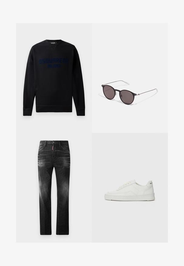 Felpa nera con scollatura rotonda e maniche lunghe. Sul fronte è presente la grafica in rilievo "DSQUARED2 MILANO" di colore blu scuro. Texture morbida.; Jeans in denim nero con vestibilità dritta. Presentano aree sbiadite, leggeri segni di usura, classico design a cinque tasche e chiusura con bottone.; Sneaker in pelle bianca con una finitura liscia, punta rotonda, lacci piatti e suola testurizzata. Presenta un logo discreto sul tallone.; Occhiali da sole neri rotondi con lenti scure e sottili bracci in metallo. Include punte trasparenti e accenti argentati alla cerniera. Design minimalista.