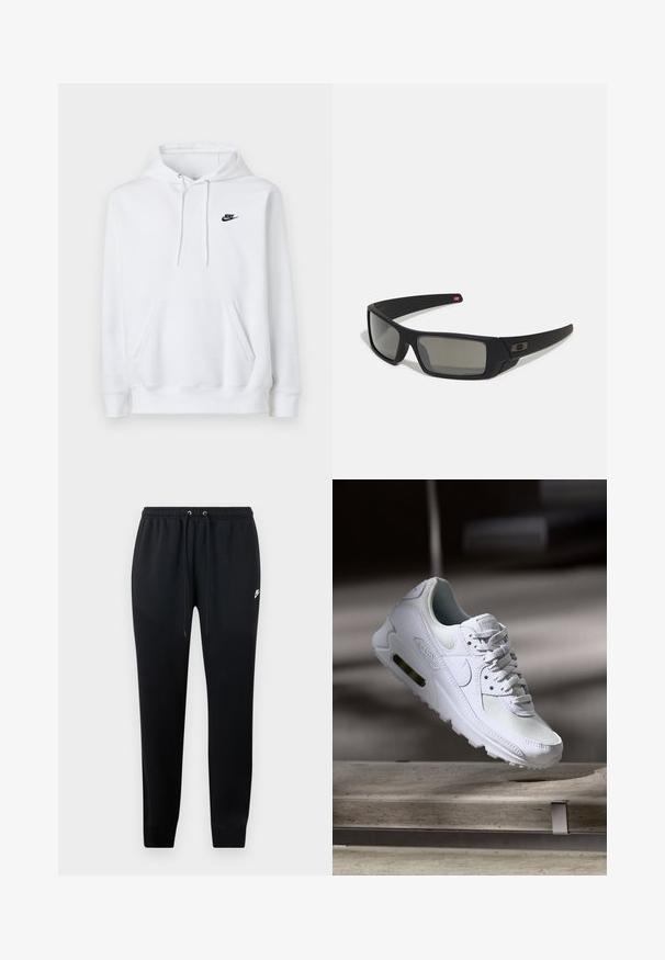 Camisola com capuz branca, feita de tecido suave, com mangas longas, bolso frontal tipo canguru e logotipo preto da Nike no lado esquerdo do peito. Capuz ajustável.; Calças de moletom pretas feitas de um tecido macio, com uma cintura elástica e cordões, punhos nas pernas e um pequeno detalhe do logo de lado.; Sapatilha Nike Air Max 90 branca com parte superior em malha e couro, caixa de dedos perfurada e uma unidade de ar visível no calcanhar.; Óculos de sol pretos com acabamento mate, lentes retangulares, leve curvatura nas hastes, detalhe sutil do logo e lentes de cor fumada.