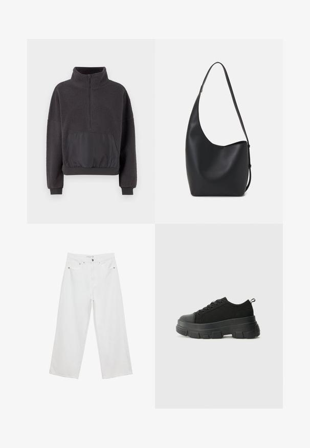 Temno siva pulover iz teksturiranega flisa s pol zadrgo, kontrastno gladko blago na sprednjem žepu ter elastičnimi robovi in manžetami.; Bele široke hlače iz denima, visoke pasu, z petimi žepi in kovinskimi dodatki. Gladek tekstur, brez vidnih vzorcev.; Črne teniske z debelim gumijastim podplatom, zgornji del iz teksturirane tkanine, okrogla punta in zavezovanje z vrvicami. Vključujejo ojačane luknje za vrvice in zanko na hrbtu.; Črna usnjena hobo torba z gladko teksturo, ukrivljeno obliko in eno nastavljivo naramnico; ima širok odprtina na vrhu.