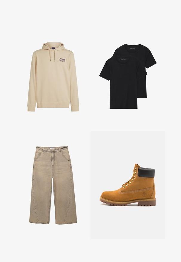 Beżowy hoodie z kapturem, wyposażony w kieszeń z przodu, kaptur ze sznurkiem i wyszywane logo O'Neill. Miękki materiał z ribbowymi mankietami i dołem.; Dwie czarne bawełniane koszulki z krótkimi rękawami, okrągłymi dekoltami i gładką fakturą, wyeksponowane ułożone jedna na drugiej.; PULL&BEAR - Jeansy baggy; Beżowe zamszowe botki sięgające kostki z czarną wyściełaną krawędzią, złotymi oczkami, białymi detalami szycia oraz wytrzymałą gumową podeszwą z wyraźnym bieżnikiem.