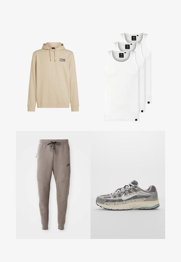 Beige hoodie met een voorzak, capuchon met trekkoord en geborduurd O’Neill-logo. Zachte stof met ribgebreide manchetten en zoom.; Drie witte geribde tanktops van katoen. Kenmerken zijn een ronde hals en kleine zwarte labels nabij de zoom. Verkrijgbaar in meerdere maten.; Grijze Nike-sweatpants met een verstelbare tailleband, taps toelopende benen, zijzakken en opvallende naaddetails. Zachte, gestructureerde stof.; Grijze sportieve schoen met een bovenwerk van mesh en suede, witte accenten, een gevoerde zool en een onderscheidend ontwerp met reflecterende elementen.
