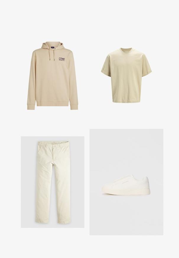 Beige hættetrøje med en forlommel, snor i huen og broderet O'Neill-logo. Blødt stof med rib-strik ved ærmerne og i sømmen.; Beige bomulds t-shirt med en løs pasform, rund halsudskæring og korte ærmer. Glat tekstur, ingen mønstre eller synlige hardwaredetaljer.; Lys beige løstsiddende bukser med tre lommer, bæltestropper og lige ben. Fremstillet af et blødt bomuldsblandingsstof.; Hvide slip-on sneakers med en struktureret overflade, en tyk sål og et minimalistisk design. Har brandlogoet på siden.