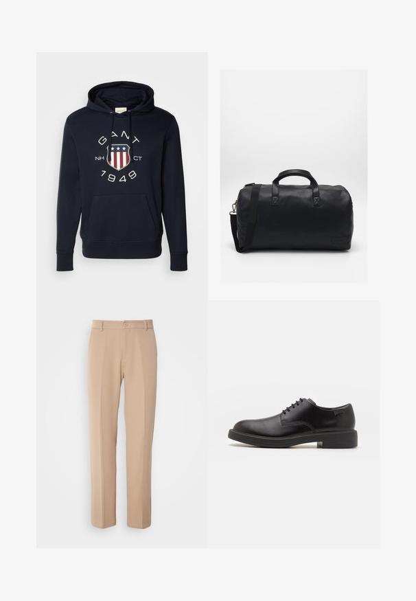 Marineblå hettegenser laget av bomull med en frontlomme. Har et grafisk skjolddesign med stjerner og striper.; Beige bukser laget av et glatt stoff, med rett ben-design, frontknapp-lukking og subtile bretter langs fronten.; Svart lær snøre sko med rund tå, glatt tekstur, minimal søm, og lav gummihæl. Logo på hælen.; Svart duffelbag laget av teksturert syntetisk materiale. Har to hender og en justerbar skulderstropp. Enkel design uten synlige mønstre.