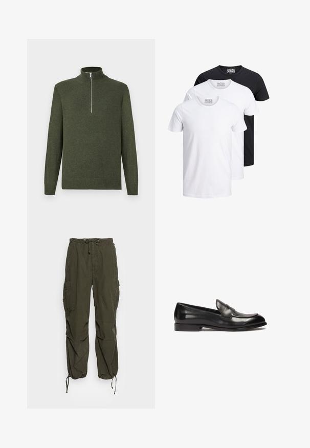 Dunkelgrüner Strickpullover mit langen Ärmeln und einem silbernen Reißverschluss an der Vorderseite, der bis zur Hälfte von einem Stehkragen reicht.; Drei T-Shirts in Weiß und Schwarz, aus Baumwolle. Jedes hat einen Rundhalsausschnitt und kurze Ärmel, mit einem Logo, das am Halsausschnitt sichtbar ist.; Cargo-Hosen in olivgrün, mit elastischem Bund und Kordelzug, mehreren Taschen und verstellbaren Bündchen für eine taillierte Passform.; Schwarze Lederloafer mit niedrigem Absatz, ausgestattet mit einer genähten Mokassinschnauze und einem Designs der Vorderseite. Glatte Textur mit polierter Oberfläche.