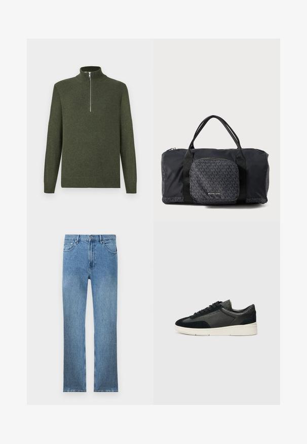Maglione di lana verde scuro con maniche lunghe e una cerniera argentata frontale che si estende fino a metà dal colletto a girocollo.; Jeans in denim azzurro chiaro con taglio dritto, cinque tasche, chiusura con cerniera e cuciture a contrasto. Il tessuto ha una finitura liscia e strutturata.; Sneakers a basso profilo che presentano un mix di suede nero e pelle texturizzata, una suola in gomma bianca e lacci neri. Branding discreto sul lato.; Borsa da viaggio in nylon nero con motivo a logo MK ripetuto, dotata di manici doppi e tasca frontale con cerniera. Texture liscia e design multifunzionale.