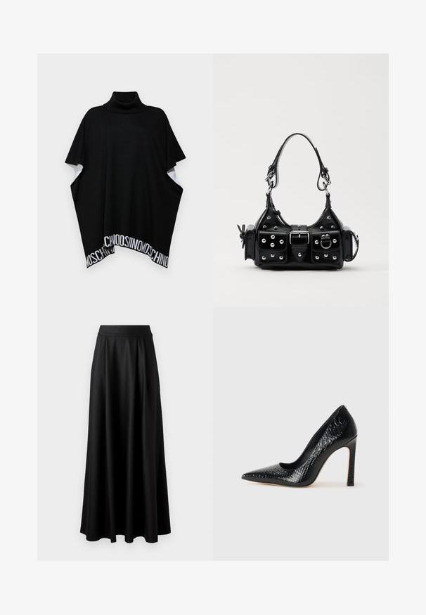 MOSCHINO PONCHO - Poncho - black; Fustă neagră, până la podea, cu o textură netedă, talie lată și design plisat, fără modele vizibile sau embellismente.; Pantofii cu toc înalt, ascuțiți, de culoare neagră, cu textură de piele de crocodil, având un design elegant, toc în stil stiletto și interior neted de culoare neagră.; Geantă de piele neagră cu un design curbat, dotată cu studuri argintii, o cataramă și două buzunare laterale. Curea ajustabilă pentru opțiuni de transport.