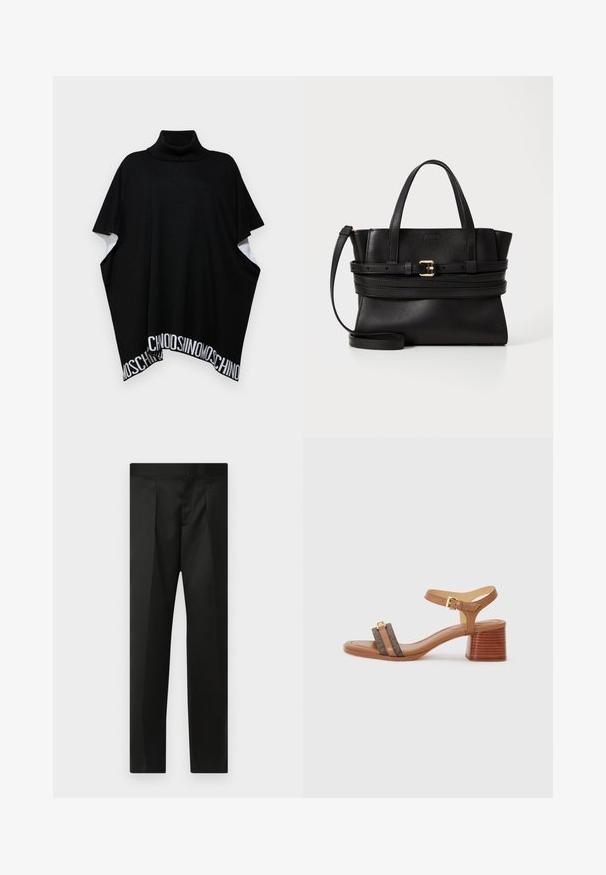 MOSCHINO PONCHO - Skraistė - black; Juodos kelnės su lygiu audiniu, pritaikytu dizainu, tiesiomis kojomis ir plokščiu juosmeniu be matomų užsegimų ar kišenių.; Rudos odinės šlepetės su kvadratine nosimi, dviem tamsiai rudos spalvos dirželiais ir auksine sagtimi. Yra stambus blokinis kulnas ir glotni odos tekstūra.; Juodas odinis rankinukas su struktūrizuota forma, dviem viršutinėmis rankenomis, nuimamu dirželiu ir auksiniu užsegimu horizontalioje juostoje.