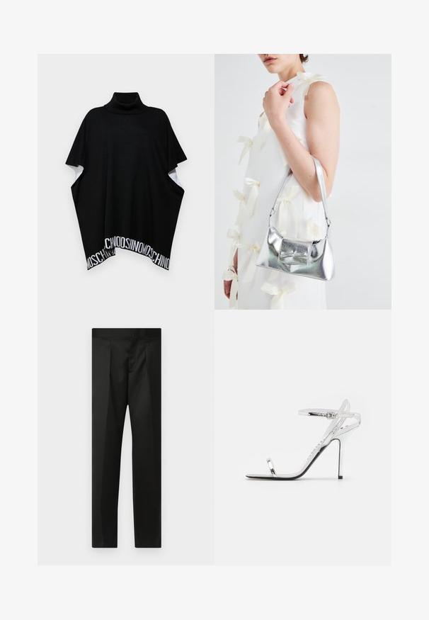 MOSCHINO PONCHO - Köpeny - black; Fekete nadrág sima anyaggal, testhezálló fazonnal, egyenes lábakkal és lapos derékkal, látható zárak vagy zsebek nélkül.; Ezüst magas sarkú szandál vékony pántokkal és karcsú dizájnnal. Kiemelkedő orral és tűsarkúval rendelkezik, melyet egy fekete talp egyensúlyoz.; Ezüst fémes kézitáska, struktúrált formával, felső fogantyúval és masnis részlettel az elején. Simaságával és fényes felületével tűnik ki.