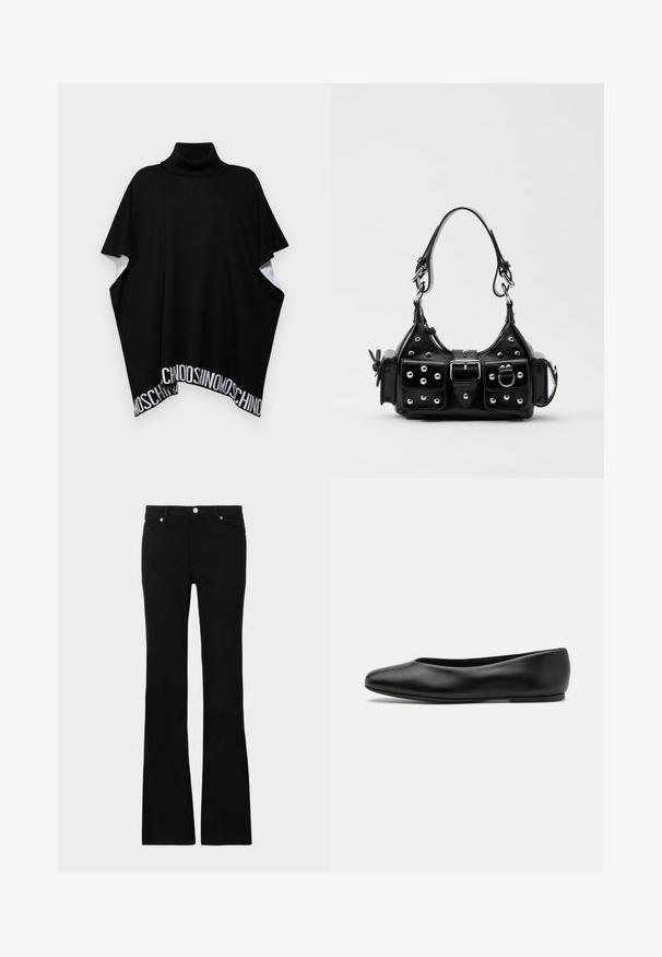MOSCHINO PONCHO - Pončo - black; Černé zvonové džíny vyrobené z denimu, s dvěma předními kapsami, zapínáním na knoflík a hladkou strukturou. Na švech je viditelné charakteristické prošívání.; Paul Smith TOPANGA - Klasické baleríny - black; Černá kožená kabelka s křivkovým designem, zdobená stříbrnými hřebíky, s přezkou a dvěma bočními kapsami. Nastavitelný popruh pro různé možnosti nošení.