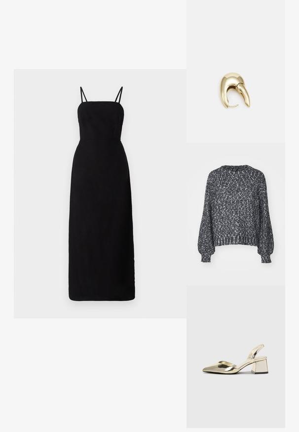 Textūruota juoda ir balta megzta džemperis su apvaliu iškirpimu, ilgomis burbulinėmis rankovėmis ir gumuotomis rankogaliais bei apatine dalimi. Kasdienis siluetas, šiltas audinys.; Juoda, grindų ilgio suknelė su plonomis petnešomis, prigludusia liemene ir lygiu paviršiumi. Minimalistinis dizainas be raštų ar akcentų.; Auksiniai, metaliniai slingback aukštakulniai bateliai su smailiu pirštu ir masyviu kulnu. Lygus paviršius, minimalizmo dizainas ir siaura juostelė.; Geltonas dirbtinės krokodilo odos rankinukas su standžiu dizainu, viršutine rankena, nuimamu grandininiu dirželiu ir dekoratyviniu krištolo papuošimu ant užsegimo.; Aukso tono metalinės auskarai su stilingu, kreiviu dizainu. Išsiskiria ryškiu smailiu pavidalu, poliruota paviršiumi ir užsegimu su vyriu.