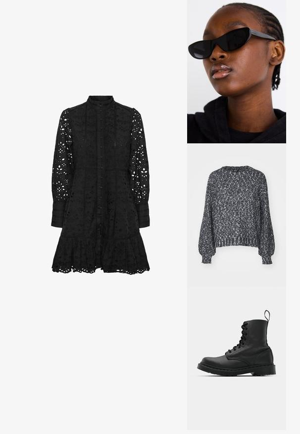 Texturiertes schwarz-weißes Strickpullover mit rundem Ausschnitt, langen Ballonärmeln und gerippten Bündchen und Saum. Lässige Passform, warmes Material.; Schwarzes besticktes Kleid mit hohem Kragen, Knopfverschluss, langen Ärmeln und gerüschtem Saum. Es weist ausgeschnittene florale und geometrische Muster auf.; Schwarzer Lederkampfstiefel mit runder Zehenpartie, Schnürung vorne und einer Zuglasche am Knöchel. Verfügt über eine dicke Gummisohle für Langlebigkeit.; Schwarze Cat-Eye-Sonnenbrillen mit matter Oberfläche, die sich durch ein elegantes Design und sanft geschwungene Kanten auszeichnen, vor einem Modell in dunkler Kleidung.