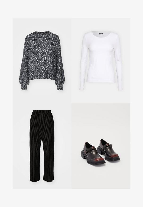 Textúrált fekete-fehér kötött pulóver kerek nyakkivágással, hosszú lufis ujjakkal, valamint bordázott mandzsettával és alsó szegéllyel. Hétköznapi fazon, meleg anyag.; Fehér bordás, hosszú ujjú felső, kerek nyakkivágással. Rugalmas anyagból készült, amely követi a test vonalát. Finom vízszintes csíkokkal díszített.; Fekete, széles szárú nadrág fehér függőleges csíkozással, rugalmas derékkal a kényelem érdekében és sima, puha textúrával.; Bőr, blokksarkú cipők fényes, sötét burgundi színben, csatpánttal és lekerekített orral. Texturált talp a tapadásért.