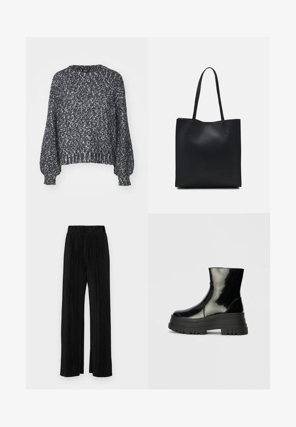 Textúrált fekete-fehér kötött pulóver kerek nyakkivágással, hosszú lufis ujjakkal, valamint bordázott mandzsettával és alsó szegéllyel. Hétköznapi fazon, meleg anyag.; Fekete pliszírozott nadrág gumis derekkal. Széles lábakkal rendelkezik, sima, texturált anyagból készült, függőleges csíkokkal.; Fekete fényes boka csizma vastag bordázott talppal és kerek orral, oldalnézet világos szürke háttér előtt.; Fekete bőrtáska sima felszínnel, téglalap alakú, két hosszú füllel. Nincs látható fémkiegészítő vagy díszítés.