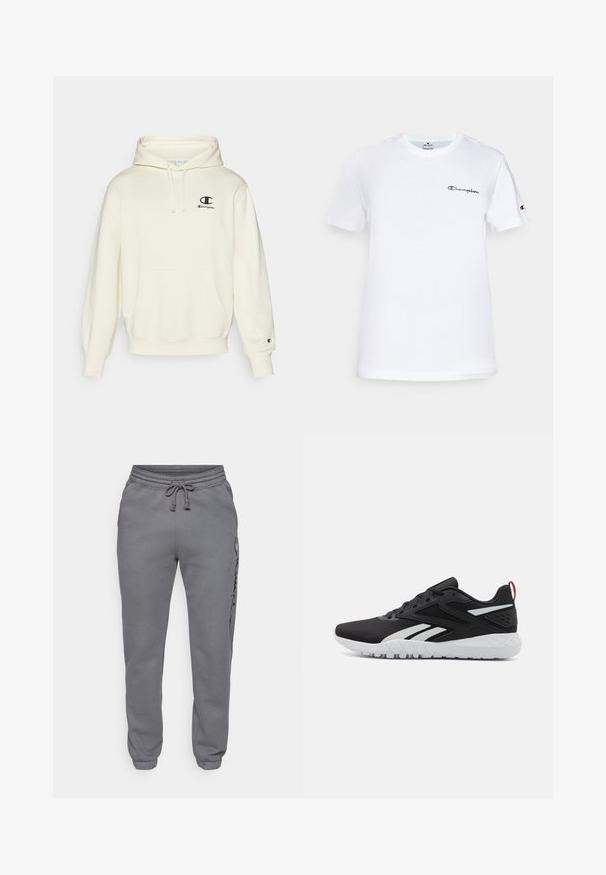 Vahva beige huppari, joka on valmistettu pehmeästä kankaasta. Siinä on etutasku, kiristysnauha huppu ja musta brodeerattu logo vasemmassa rinnassa.; Valkoinen puuvillainen t-paita, jossa on pyöreä kaula-aukko, lyhyet hihat ja musta brodeerattu "Champion"-logo rinnassa ja hihan yksityiskohdassa.; Champion ICONS ELASTIC-CUFF SLIM FIT - Verryttelyhousut - foggy; Mustat urheilukengät, joissa on verkkopintainen, valkoiset yksityiskohdat, teksturoitu pohja ja punainen kantatuki lisäyksityiskohtana.