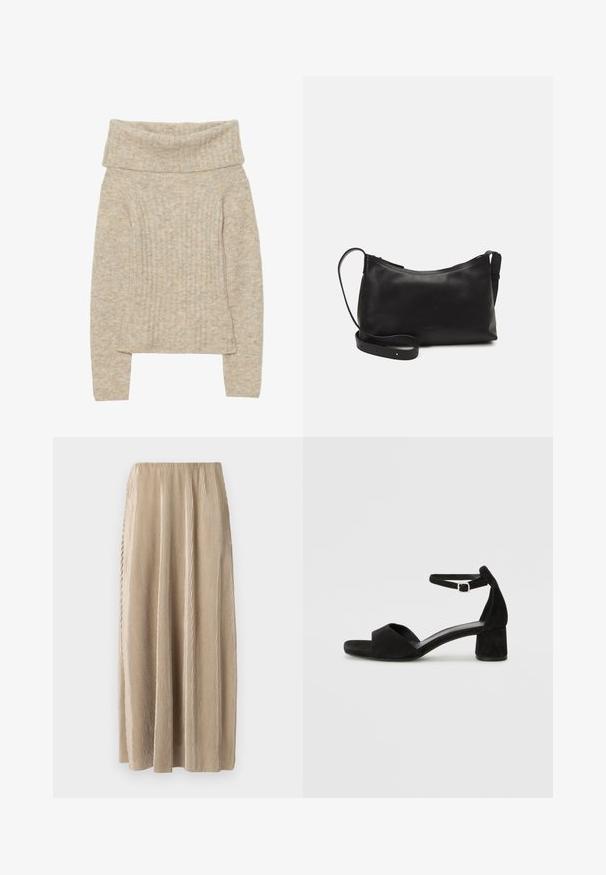 Beige kötött pulóver széles hajtott gallérral, függőleges bordás textúrával, hosszú ujjakkal és enyhe bővítéssel az alján. Puha és meleg megjelenés.; Redőzött bézs midi szoknya, elasztikus derékkal, függőleges csíkokkal és áramló siluettel, amely megkönnyíti a mozgást.; Fekete velúr magassarkú szandál vékony boka pánttal, nyitott orral és szerény blokk sarkával. Simaság és minimalista részletek jellemzik.; Fekete bőr válltáska sima felülettel, ívelt formával, állítható pánttal és cipzáras záródással. Minimalista dizájn díszítmények nélkül.