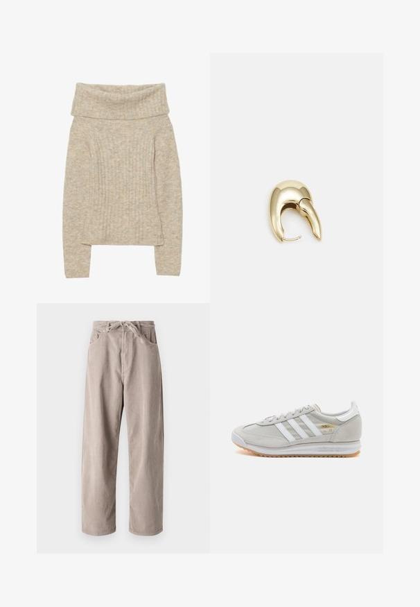 Pulover tricotat bej cu un guler lat pliat, textură cu nervuri verticale, mâneci lungi și o ușoară deschidere la tiv. Apariție moale și caldă.; Pantaloni bej din catifea cu un croi lejer, având un talie cu șnur, două buzunare frontale și o textură verticală cu rigle.; Tenis light grey din suede și plasă, cu trei dungi albe, vârf rotund și o talpă din cauciuc gumă. Accente de logo aurii lângă șireturi.; Cercei din metal de culoare aurie cu un design elegant și curbat. Prezintă o formă distinctivă, ascuțită, o suprafață lustruită și un sistem de închidere cu balama.