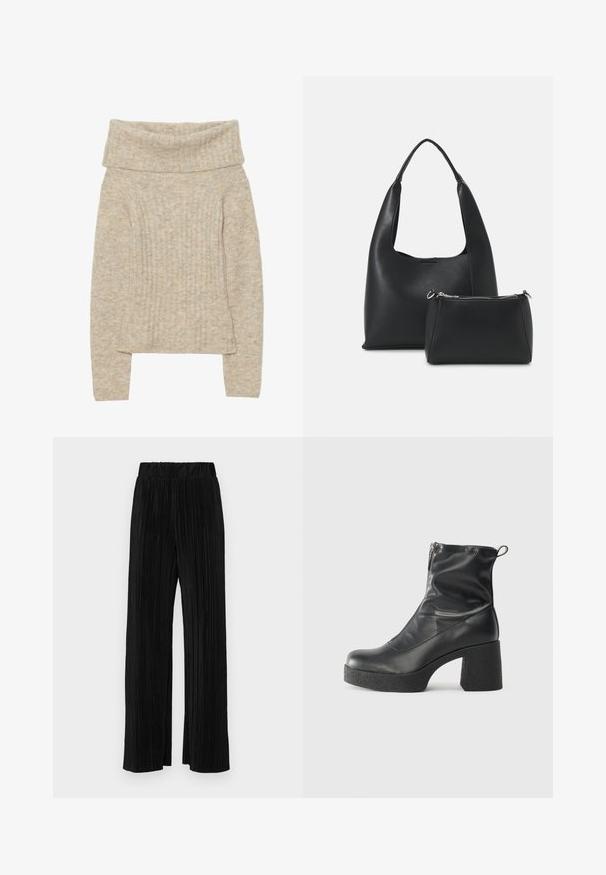 Beige Strickpullover mit einem breiten umgeschlagenen Kragen, vertikaler Rippstruktur, langen Ärmeln und einem leichten Bellensaum. Weicher und warmer Eindruck.; Schwarze plissierte Hose mit elastischem Bund. Verfügt über weite Hosenbeine und einen glatten, strukturierten Stoff mit vertikalen Streifen.; Schwarze Stiefeletten aus glattem Leder mit seitlichem Reißverschluss, klobigem strukturiertem Absatz und runder Zehenform.; Even&Odd Handtasche - black
