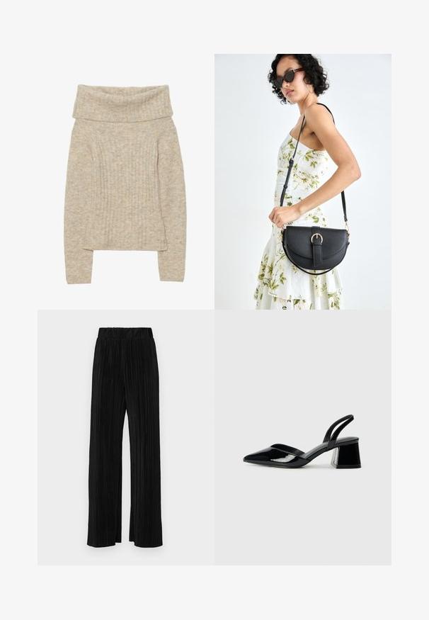 Bež pleteni pulover s širokim zloženim ovratnikom, vertikalno rebrasto teksturo, dolgimi rokavi in rahlim izzivom ob robu. Mehka in topla podoba.; Črne plisirane hlače z elastičnim pasom. Imajo široke noge in gladko, teksturirano tkanino z navpičnimi črtami.; Črne lakirane slingback pete s koničastim nosom in geometrijsko blokasto peto. Imajo eleganten, minimalističen dizajn in gladko teksturo.; Črna usnjena torbica s ukrivljeno obliko, z odstranljivo naramnico in zlatimi dodatki. Torbica ima pokrov s podrobnostmi v obliki zaponke.