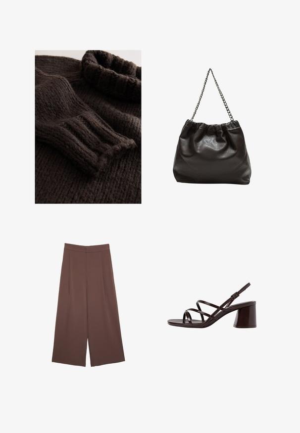 Dunkelbrauner, gestrickter Pullover mit rippenartiger Struktur, umgeschlagenem Rollkragen und langen Ärmeln mit gerafften Bündchen. Weiches, grobmaschiges Material.; Braune Weite-Leg-Hosen mit einer glatten Textur, hoher Taille und Vorderfalten. Der Stoff ist leicht und fällt locker.; Braune, geschnallte High-Heel-Sandalette mit einem dicken Absatz, die über eine glatte, glänzende Oberfläche und mehrere überkreuzte Riemen im Obermaterial verfügt.; Braune Lederhandtasche mit gerafftem Oberteil und Kettenriemen. Glatte Textur mit glänzendem Finish und subtilen Nahtdetails an den Seiten.