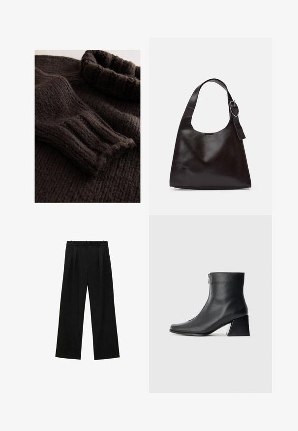 Pulover maro închis tricotat, cu textură reiată, guler înalt pliat și mâneci lungi cu manșete reiate. Material moale și gros.; Pantaloni negri cu picioare largi și pliseuri, având o textură netedă și un design cu talie înaltă. Stil minimalist, fără accesorii sau detalii vizibile.; Botină neagră din piele, cu vârf pătrat, fermoar pe lateral și toc bloc, pe un fundal simplu deschis.; Geantă de umăr din piele maro, cu o textură netedă, formă rotunjită, curea largă și un accent metallic circular pe mânere.