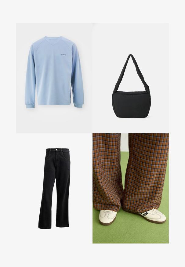 Lyseblå langermet topp med v-hals, ribbede ermer og sidesliss. Har en subtil logo på brystet. Laget av mykt stoff.; Kullgrå Adidas t-skjorte med korte ermer og en liten neongrønn grafikk av høyttalere, sol og Adidas-logo på venstre bryst.; Svarte denimjeans med rette ben, med frontlommer, knappestenge og lett tekstur. Inkluderer en subtil logo-detalj.; Brune og blå rutete vide bukser sammen med hvite sko med svarte detaljer og teksturerte såler, satt mot en grønn bakgrunn.; Svart skulderveske med polstret tekstur, rund form og bred stropp, med et preget logo på forsiden.