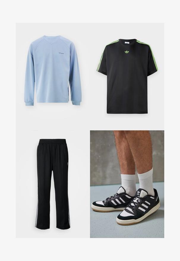 Maglietta azzurra chiara a maniche lunghe con scollatura a V, polsini a coste e spacchi laterali. Presenta un logo sottile sul petto. Realizzata in tessuto morbido.; T-shirt nera in tessuto liscio con scollatura a girocollo, caratterizzata da tre strisce verdi sulle spalle e un piccolo logo verde sul petto.; Pantaloni da allenamento neri con elastico in vita, dotati di bande laterali bianche e un piccolo logo. Il materiale sembra morbido e leggero.; Sneaker bianco e nero con tomaia in suede e pelle, caratterizzati da tre strisce bianche, punta perforata e suola in gomma naturale.