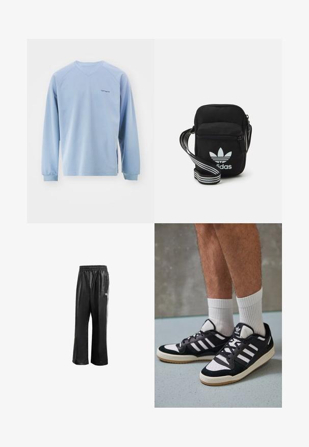Svetlomodrá dlhá rukávová blúzka s výstrihom do V, manžetami s rebrovaným vzorom a bočnými rozparkami. Obsahuje jemné logo na hrudi. Vyrobené z mäkkej tkaniny.; Čierne syntetické teplákové nohavice s elastickým pásom, s bielymi bočnými pruhmi a malým bielym logom na ľavom boku.; Čierno-biele tenisky s vrchom z semišu a kože, s troma bielymi pruhmi, perforovanou špičkou a gumovou podrážkou.; Čierna textilná crossbody taška so zipsovým uzáverom, ktorá má biele logo Adidas a pruhovaný nastaviteľný popruh pre jednoduché nosenie.