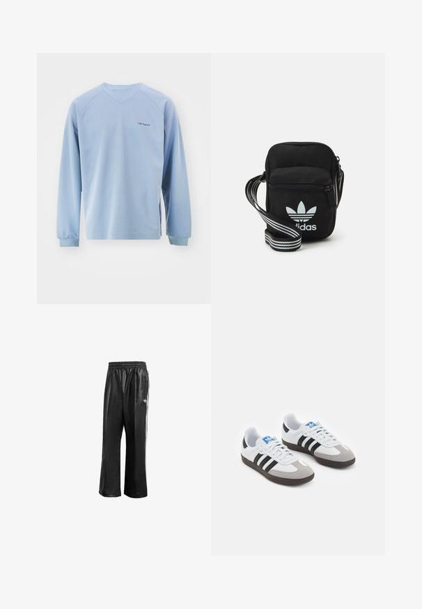 Lichtblauw lang mouwen top met een V-hals, geribbelde manchetten en zijs splitsen. Kenmerkt zich door een subtiel logo op de borst. Gemaakt van zacht materiaal.; Zwarte synthetische trainingsbroek met een elastische tailleband, voorzien van witte zijstrepen en een klein wit logo op de linkse heup.; Sportschoenen met een witte leren bovenkant, grijze suède neus en drie zwarte strepen. Bevat een blauw logo op de tong en een gestructureerde rubberen zool.; Zwarte stoffen schoudertas met een ritssluiting, voorzien van een wit Adidas-logo en een gestreepte, verstelbare schouderband voor gemakkelijk dragen.