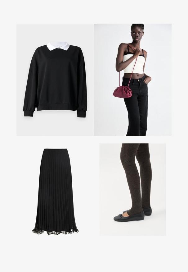 Černá mikina s bílým límcem ve stylu polo, oversized střih, žebrované manžety a lem. Hladký povrch, dlouhé rukávy a žádné viditelné logo.; Černá plisovaná maxi sukně vyrobená z lehkého materiálu s volným designem. Disponuje volánkovým lemem a elastickým pasem pro pohodlí.; Černé ploché boty s malou mašlí na špičce, kombinované s tmavě hnědými žebrovanými punčochami. Boty mají hladký povrch a nízký profil.; Burgundská měkká taška s nabíraným designem a dlouhým popruhem, nošená přes tělo. Model má na sobě bílý crop top a černé džíny.