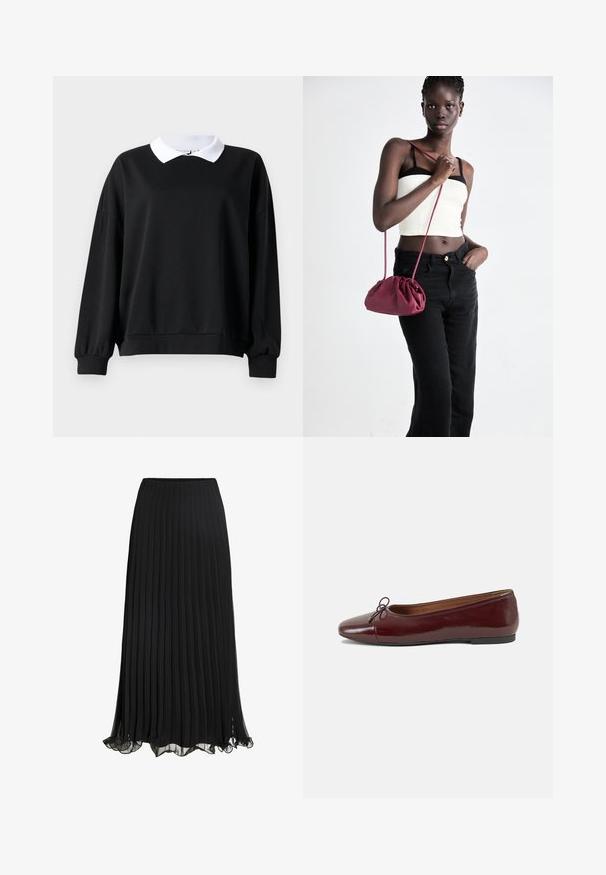 Melna sporta sudraba krekls ar balto polo stila apkakli, pārāka izmēra, ribinātām piedurknēm un apakšmalai. Gluda tekstūra, garas piedurknes un bez redzamām logotipiem.; Melna plisēta grīdas garuma svārki no viegla auduma ar plūstošu dizainu. Iespējas ar viļņotu apakšmalu un elastīgu jostasvietu komfortam.; Burgundijas laku ādas baleta kurpes ar noapaļotu purngalu, nelielu loku akcentu priekšā un zemu melnu gumijas zoli. Gluda tekstūra.; Burgundijas mīkstas auduma soma ar sakoptu dizainu un garu siksnu, nēsāta uz krūšu. Modelis valkā baltu piegriezuma topu un melnas džinsus.