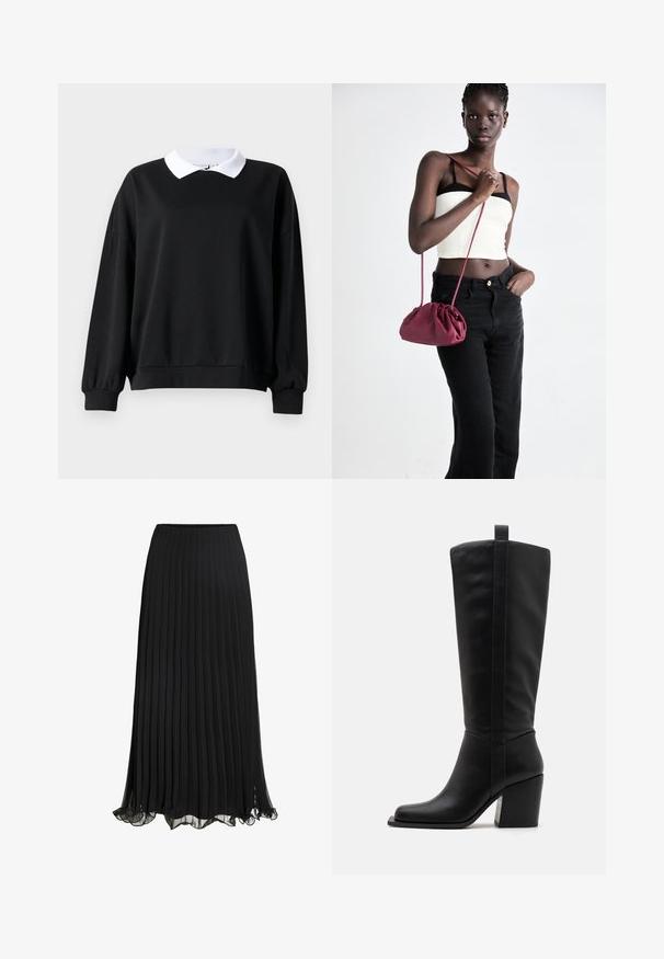 Sweatshirt preto com golas em estilo polo brancas, corte oversized, punhos e bainha em ribana. Textura suave, mangas longas e sem logótipos visíveis.; Saia maxi plissada preta feita de tecido leve com um design fluido. Apresenta uma bainha com volantes e uma cintura elástica para conforto.; Botas altas de couro preto até ao joelho, com ponta quadrada, salto afunilado e um detalhe de costura vertical ao longo do tubo exterior. Textura suave.; Bolsa de tecido suave em borgonha com um design franzido e uma alça longa, usada à transversal. Modelo veste um top cropped branco e jeans pretos.