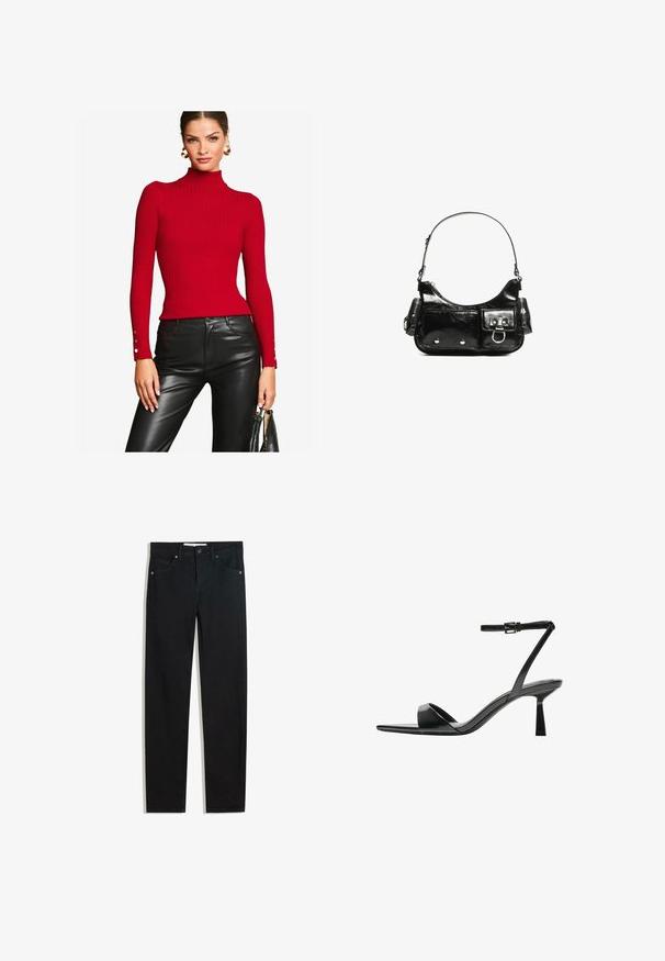 Lipsy ROLL NECK BUTTON DETAIL - Strickpullover - red; Schwarze Jeans mit geradem Bein, fünf Taschen, Metallknopfverschluss und dezenten Nähten. Glatte Textur.; Bershka High Heel Sandalette - black; Schwarze Lackleder-Handtasche mit geschwungenem Design, einem Schulterriemen, Vordertaschen und silberfarbenen Hardware-Akzenten.