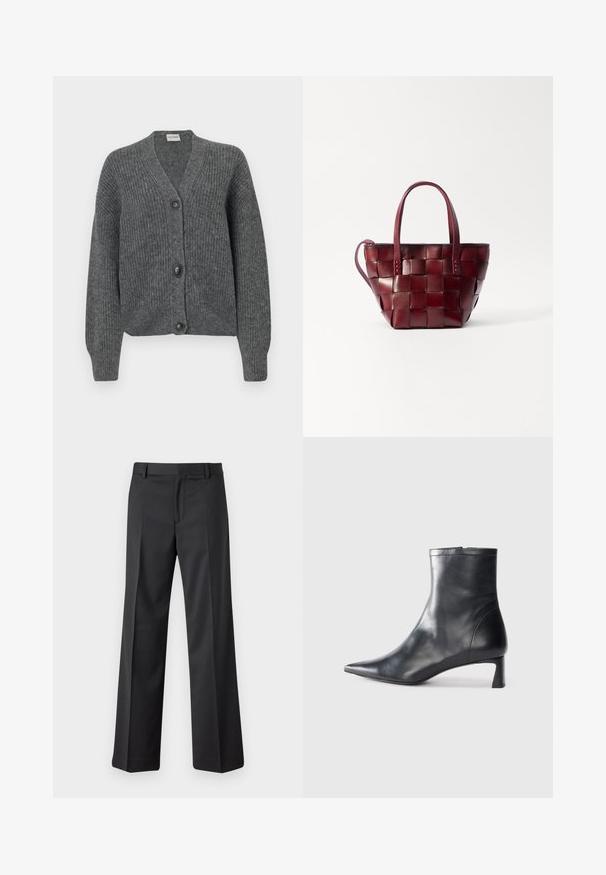 Grauer gerippter Cardigan mit V-Ausschnitt, langen Ärmeln und drei schwarzen Knöpfen an der Vorderseite. Weicher Stoff, lockere Passform und minimalistisches Design.; Schwarz, weit geschnittene Hosen aus glattem Stoff. Mit einem Bund mit Gürtelschlaufen und vorderen Falten. Gerader Schnitt bis zum Knöchel.; Schwarze Lederstiefelette mit spitzer Zehe und schlankem Design. Verfügt über einen niedrigen Absatz und einen Reißverschluss hinten. Glatte Textur.; Geflochtene bordeauxfarbene Lederhandtasche mit zwei kurzen Griffen und einem abnehmbaren Schultergurt. Sie hat eine strukturierte Form und eine glatte Textur.