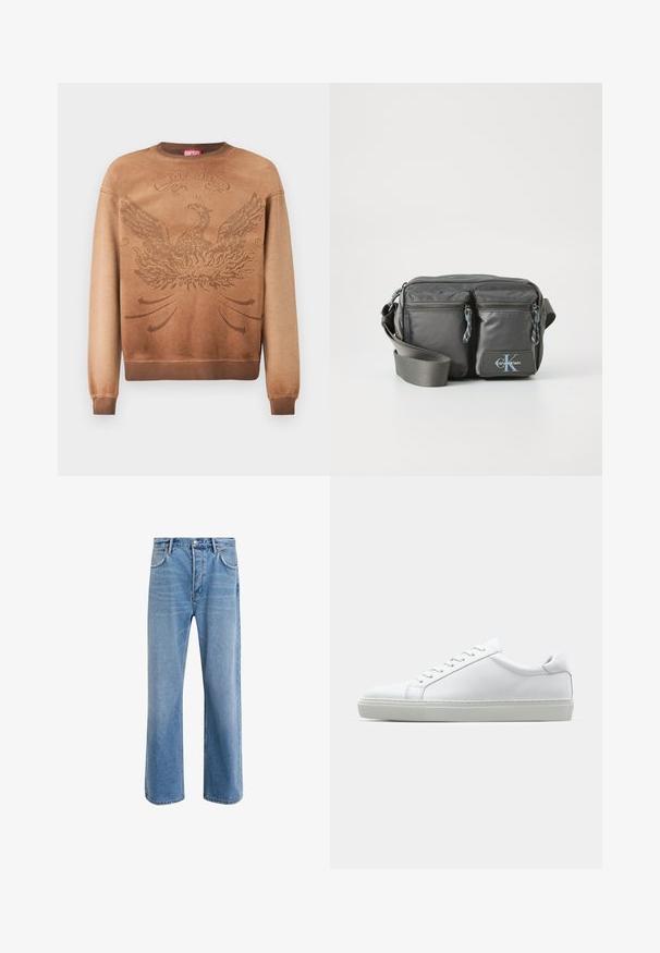 Brūna sporta kreklā ir teksturēts feniksa dizains, ribotas piedurknes un apakšmala, kā arī sarkans logo tag, kas atrodas tuvu kaklam. Gradiénts no gaišas uz tumšu.; Gai zilas džinsu bikses ar taisnām kājām, piecām kabatām, pogu aizvēršanu, minimālu izbalēšanu un kontrastējošiem šuvju elementiem.; Baltie sporta apavi ar gludu ādas virsu un zemu profilu. Iezīmējas ar noapaļotu purngalu, sešām acīm un teksturētu gumijas zoli.; Pelēka neilona plecu soma ar divām rāvējslēdzēja priekšējām kabatām, regulējamu siksnu un logo akcentu. Gluda tekstūra ar mūsdienīgu dizainu.