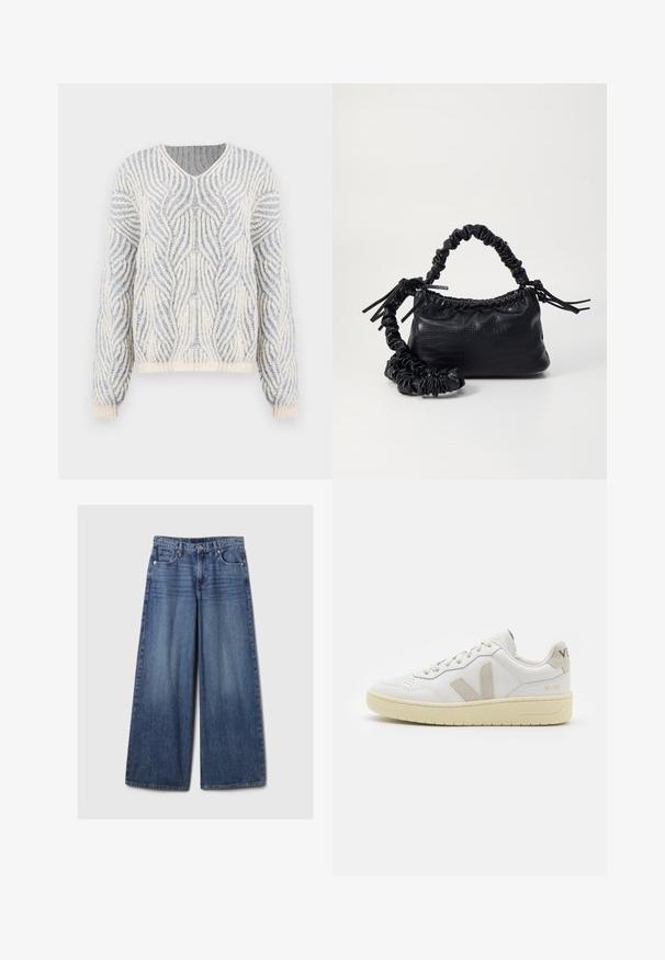 Pletený sveter v krémovej a svetlom modrej farbe s vlnitým textúrovaným vzorom. Má výstrih do V a dlhé rukávy s rebrovanými manžetami a lemom.; Džíny s širokými nohavicami v modrej farbe s vyblednutým povrchom, s gombíkom a zipsom, piatimi vreckami a pútkami na opasok.; Biele kožené tenisky s béžovými semišovými akcentmi, perforovanou špičkou, plochými šnúrkami a textúrovanou krémovou podrážkou. Obsahujú jemné označenie na päte.; Čierna umelá kožená kabelka s kroko vzorom, sťahovaným vrchom a zhnutým popruhom. Vyzerá mäkko a kompaktné v dizajne.