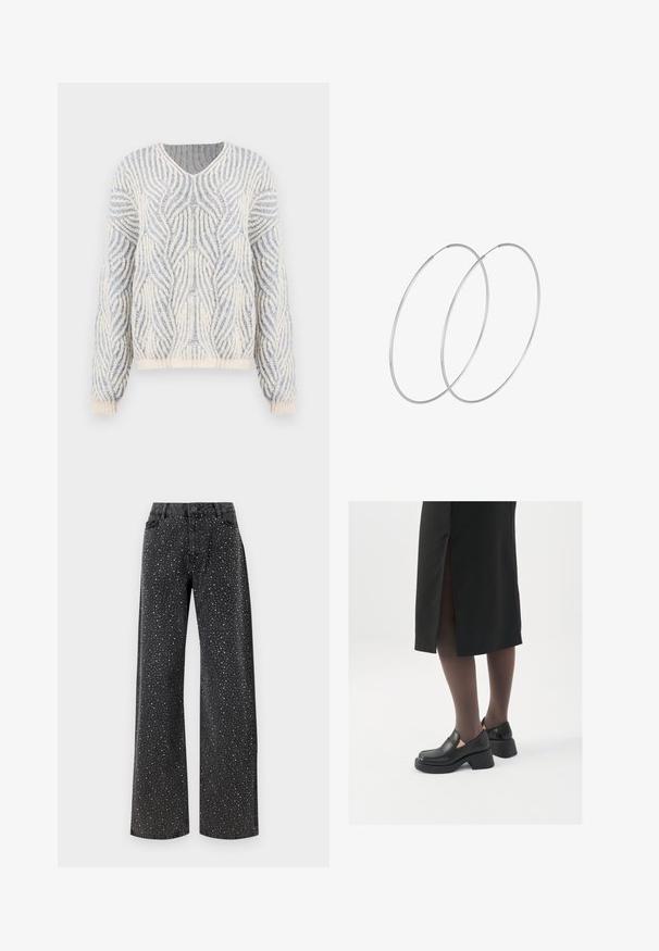 Maglione lavorato a maglia in crema e azzurro chiaro con un motivo a onde. Presenta un collo a V e maniche lunghe con polsini e orlo a coste.; Noisy May NMJANNEL LOOSE - Jeans baggy - black denim; Scarpe in pelle nera con punta arrotondata, tacco spesso a blocco e accenti laterali in elastico, abbinate a collant scuri e una gonna nera con uno spacco.; Orecchini a cerchio in argento con un design minimalista. Forma circolare, superficie liscia e profilo sottile. Leggeri con una finitura lucida.