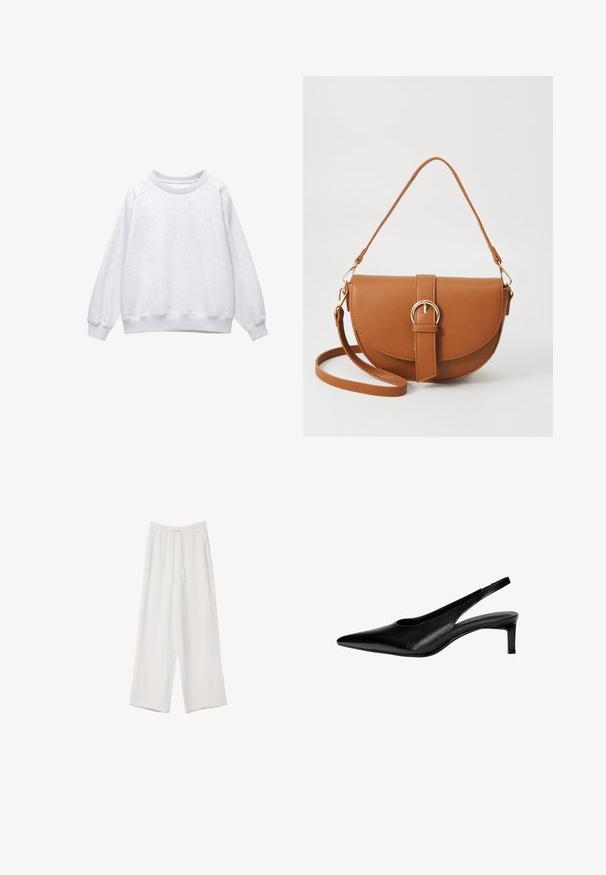 Svijetlosivi dukserica s okruglim izrezom, dugim rukavima i rebrastim manžetama i donjim rubom, prikazana ravno na bijeloj pozadini.; Bijele hlače širokih nogavica napravljene od lagane tkanine. Imaju elastičan pojas s ušicom i bočne džepove. Glatka tekstura.; Crne kožne sandale s otvorenim petom i šiljastim vrhom, niskom petom i prorezima sa strane. Glatka tekstura s elegantnim izgledom.; Smeđa kožna torba preko tijela s zakrivljenim oblikom, zlatnim metalnim detaljima i naglaskom na kopču. Ima odvojivu naramenicu.