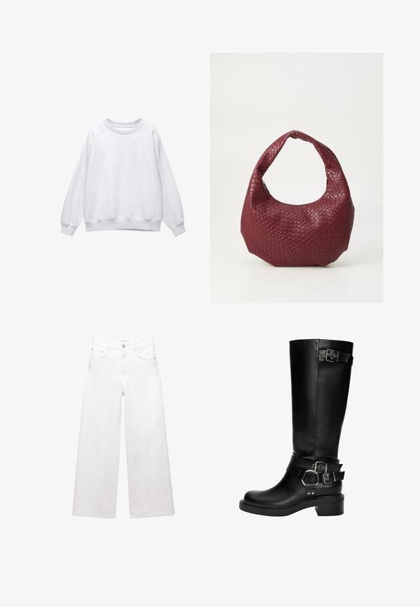Harmaa crewneck-huppari pitkillä hihoilla sekä ribbierityksillä hihojen ja helman kohdalla, esillä tasaisena valkoista taustaa vasten.; Valkoiset leveälahkeiset farkut, jotka on valmistettu puuvillasta, sisältävät korkeavyötärön, viisi taskua ja messinkiset yksityiskohdat. Sujuva, ei kulutettu pinta.; Mustat nahkaiset polvipituiset saappaat, joissa on pyöreä kärki, pinottu korko sekä useita koristeellisia hihnoja hopeasoluilla ja -koristeilla.; Punottu burgundin värinen käsilaukku, jossa on pyöreä siluetti, yksittäinen kahva ja teksturoitu pinta. Vetoketjusuljenta ylhäällä.