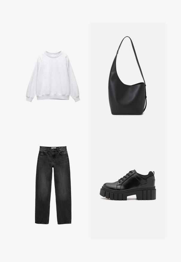Világosszürke, kereknyakú pulóver hosszú ujjal, bordázott mandzsettával és aljjal, sík felületen, fehér háttér előtt elhelyezve.; Fekete farmernadrág laza szabással, egyenes szárakkal, öt zsebes dizájnnal és enyhén elhalványult textúrával. Elöl gombos és cipzáras záródás.; Fekete bőr platform cipők vaskos blokk sarkakkal, kerek orral és hagyományos fűzős kialakítással. Simára csiszolt felület és minimális részletezés jellemzi.; Fekete bőr hobo táska sima textúrával, ívelt formával és egyetlen állítható pánttal; széles nyílás található a tetején.
