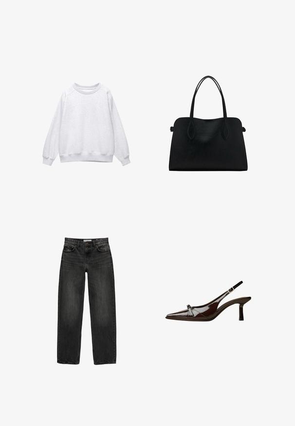 Lichtgrijze crewneck sweatshirt met lange mouwen en geribde manchetten en onderkant, plat weergegeven op een witte achtergrond.; Zwarte denim jeans met een relaxte pasvorm, rechte pijpen, vijf-pocket ontwerp en een licht vervaagde textuur. Knop- en ritssluiting aan de voorkant.; Bruine gepatineerde leren slingback schoen met een spitse neus, lage hak en een decoratieve strikaccent aan de voorkant. Glad, glanzend oppervlak.; Zwarte leren handtas met dubbele schouderriemen, rechthoekige vorm en minimalistisch ontwerp op een witte achtergrond.