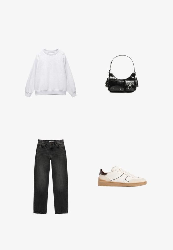 Jasnoszara bluza z okrągłym dekoltem, z długimi rękawami oraz ściągaczami przy nadgarstkach i u dołu, wyłożona płasko na białym tle.; Czarne dżinsy o luźnym kroju, prostych nogawkach, pięciu kieszeniach i lekko wypłowiałej strukturze. Zapięcie na guzik i suwak z przodu.; Stradivarius - Sneakersy niskie; Czarna torebka z lakierowanej skóry o zaokrąglonym kształcie, z jednym paskiem na ramię, przednimi kieszeniami i akcentami w kolorze srebrnym.
