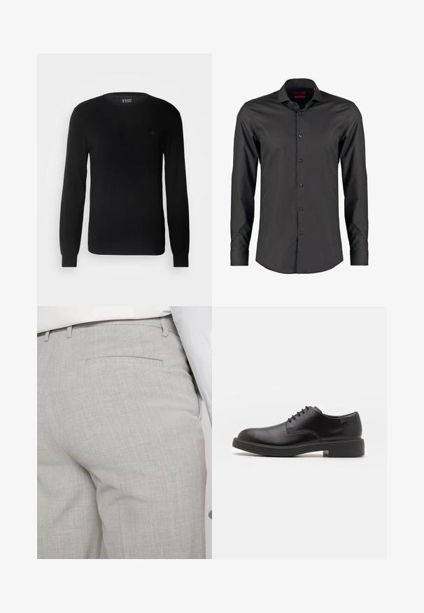 Maglione nero lavorato a maglia con scollatura rotonda, maniche lunghe e un piccolo logo ricamato sul petto. Tessuto morbido e design aderente.; Camisetta nera a maniche lunghe con una vestibilità slim, realizzata in tessuto liscio. Presenta un colletto a punta e sei bottoni sul davanti.; Pantaloni sartoriali grigio chiaro realizzati in tessuto strutturato, con una tasca posteriore singola e cuciture pulite.; Scarpa nera in pelle con lacci, punta tonda, texture liscia, cuciture minime e tacco in gomma basso. Logo sul tacco.